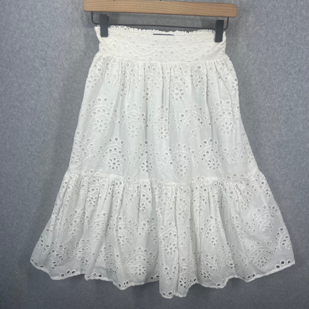 BELL by Alicia Bell Eyelet Tiered Midi Skirt Women XS White Cotton Smocked Waist